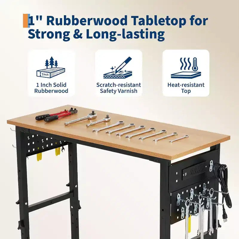 48" Heavy-Duty Hardwood Workbench with Power Outlets – 2200 lbs Capacity, Adjustable Height