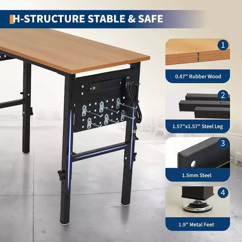 48" Heavy-Duty Hardwood Workbench with Power Outlets – 2200 lbs Capacity, Adjustable Height