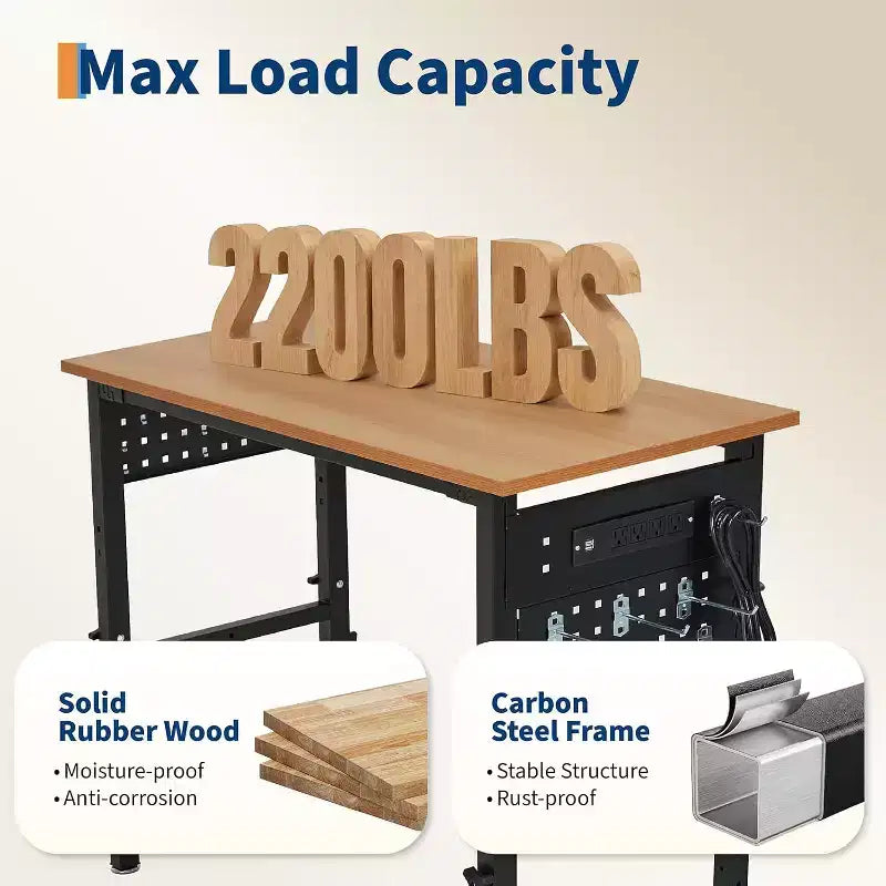 48" Heavy-Duty Hardwood Workbench with Power Outlets – 2200 lbs Capacity, Adjustable Height