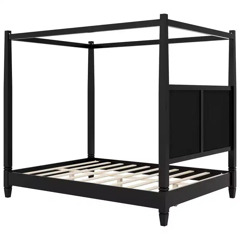 Queen/King Size Canopy Platform Bed with Upholstered Headboard, Solid Wood Four Poster Bed Frame with Wooden Slats Support