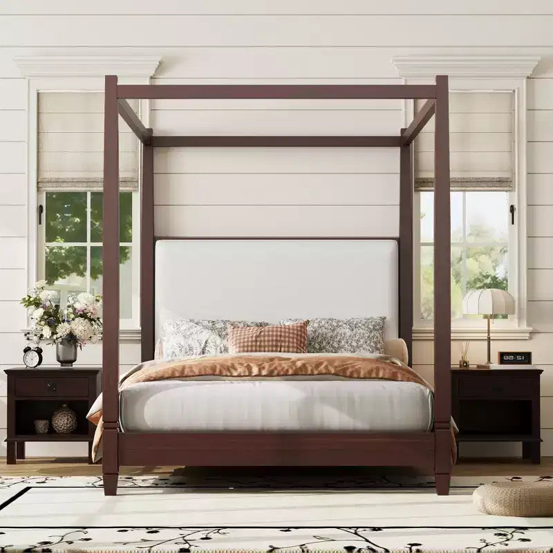 Queen/King Size Canopy Platform Bed with Upholstered Headboard, Solid Wood Four Poster Bed Frame with Wooden Slats Support