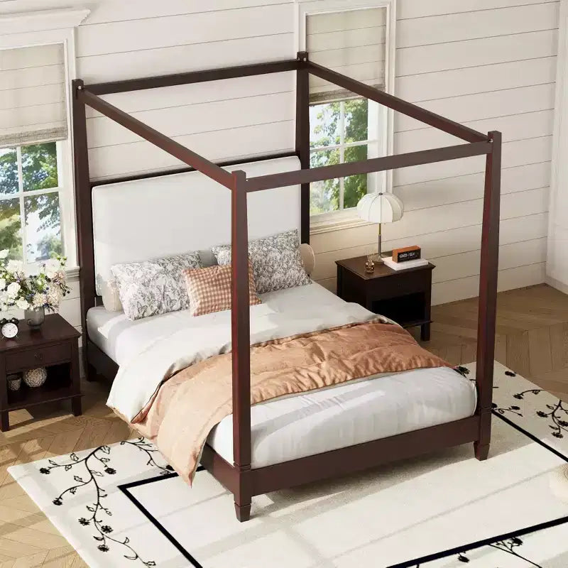 Queen/King Size Canopy Platform Bed with Upholstered Headboard, Solid Wood Four Poster Bed Frame with Wooden Slats Support