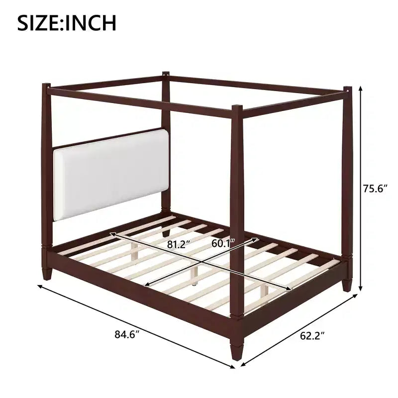Queen/King Size Canopy Platform Bed with Upholstered Headboard, Solid Wood Four Poster Bed Frame with Wooden Slats Support