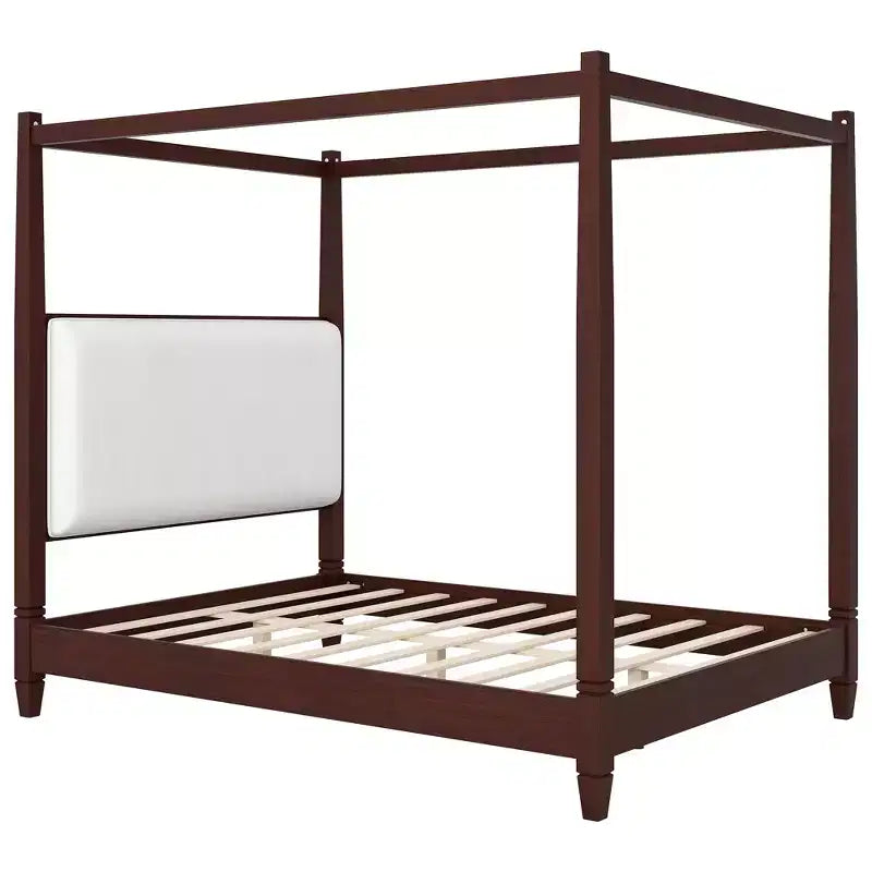 Queen/King Size Canopy Platform Bed with Upholstered Headboard, Solid Wood Four Poster Bed Frame with Wooden Slats Support