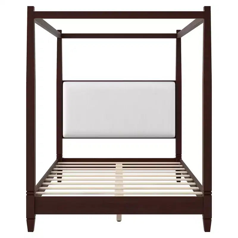 Queen/King Size Canopy Platform Bed with Upholstered Headboard, Solid Wood Four Poster Bed Frame with Wooden Slats Support
