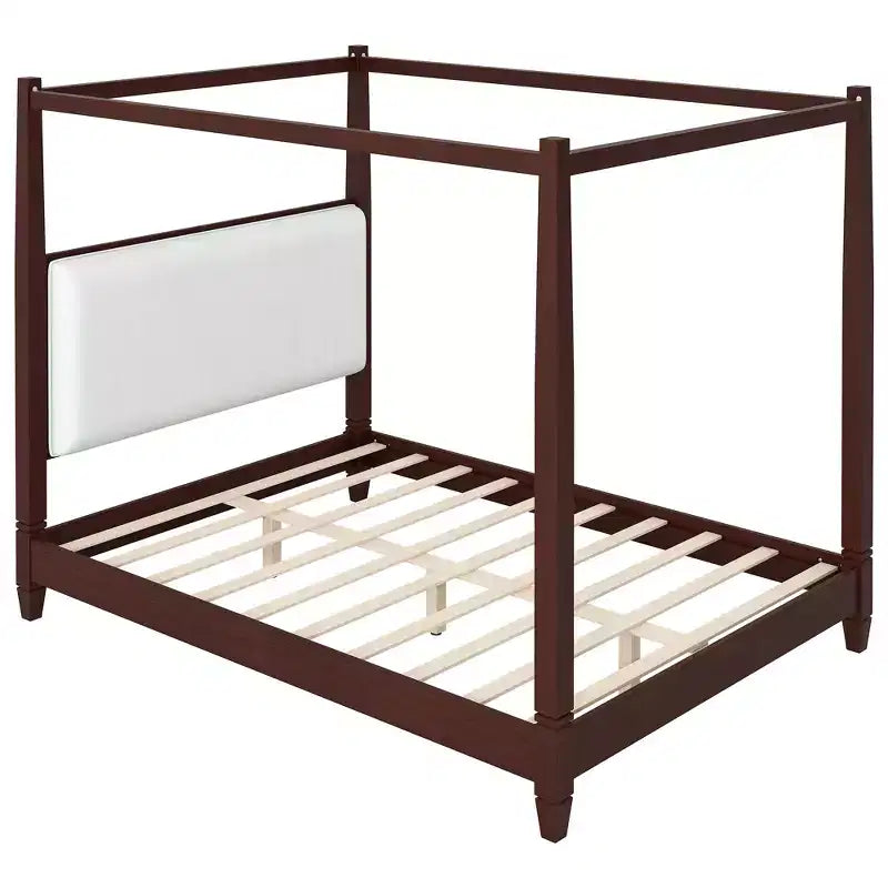 Queen/King Size Canopy Platform Bed with Upholstered Headboard, Solid Wood Four Poster Bed Frame with Wooden Slats Support