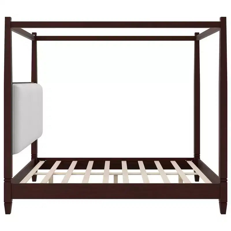 Queen/King Size Canopy Platform Bed with Upholstered Headboard, Solid Wood Four Poster Bed Frame with Wooden Slats Support