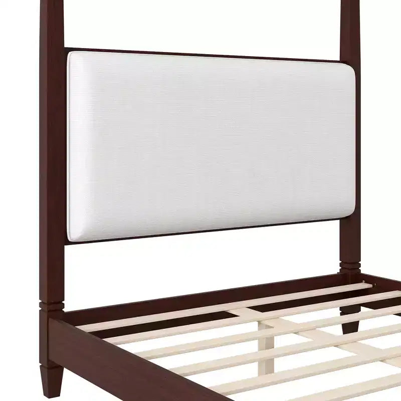 Queen/King Size Canopy Platform Bed with Upholstered Headboard, Solid Wood Four Poster Bed Frame with Wooden Slats Support