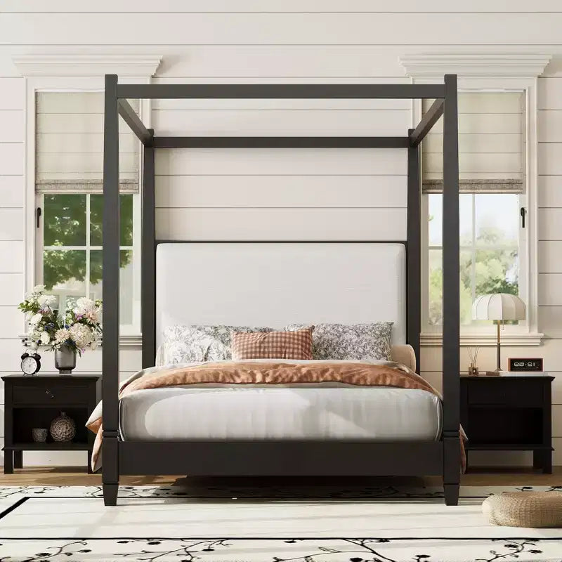 Queen/King Size Canopy Platform Bed with Upholstered Headboard, Solid Wood Four Poster Bed Frame with Wooden Slats Support