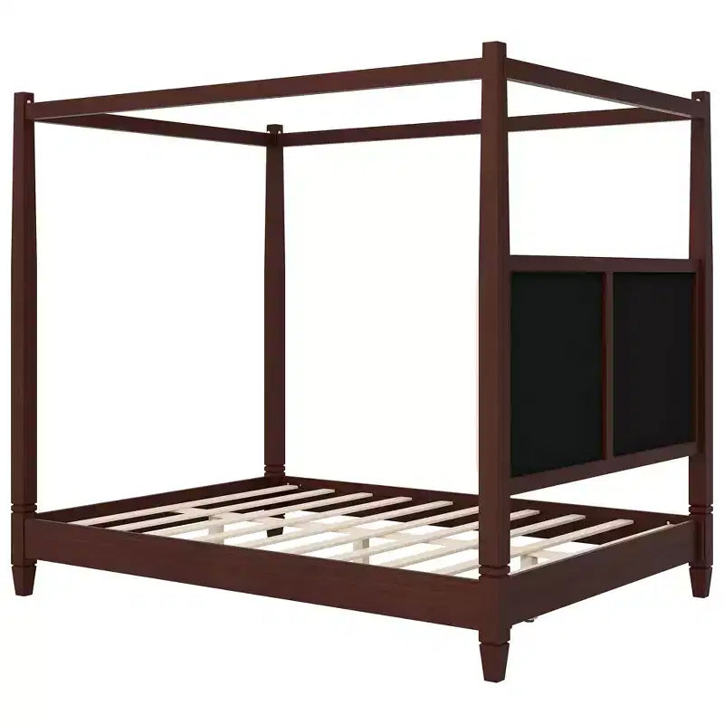 Queen/King Size Canopy Platform Bed with Upholstered Headboard, Solid Wood Four Poster Bed Frame with Wooden Slats Support