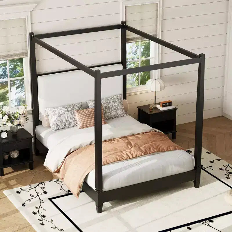 Queen/King Size Canopy Platform Bed with Upholstered Headboard, Solid Wood Four Poster Bed Frame with Wooden Slats Support