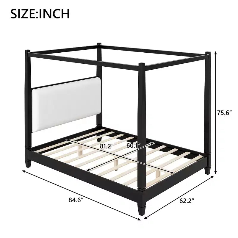 Queen/King Size Canopy Platform Bed with Upholstered Headboard, Solid Wood Four Poster Bed Frame with Wooden Slats Support