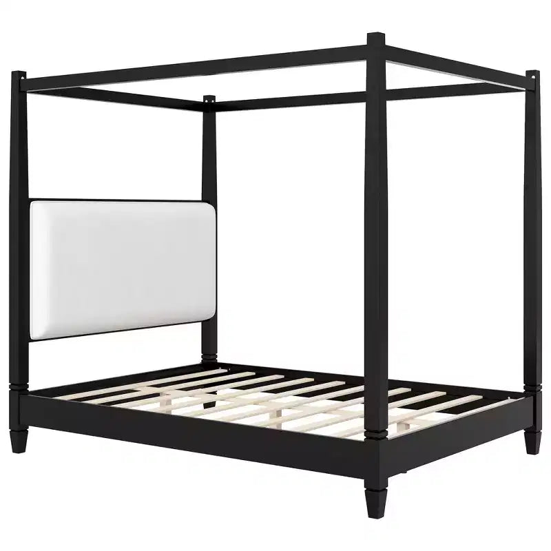 Queen/King Size Canopy Platform Bed with Upholstered Headboard, Solid Wood Four Poster Bed Frame with Wooden Slats Support