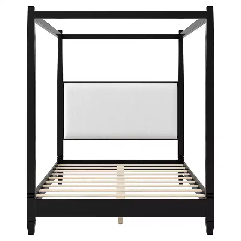 Queen/King Size Canopy Platform Bed with Upholstered Headboard, Solid Wood Four Poster Bed Frame with Wooden Slats Support