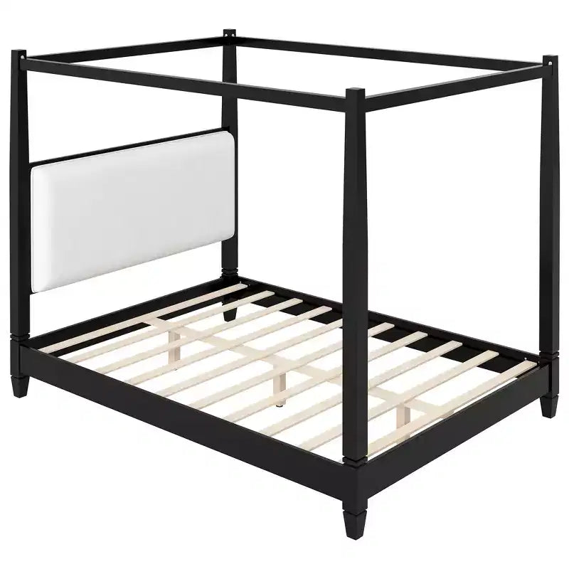 Queen/King Size Canopy Platform Bed with Upholstered Headboard, Solid Wood Four Poster Bed Frame with Wooden Slats Support