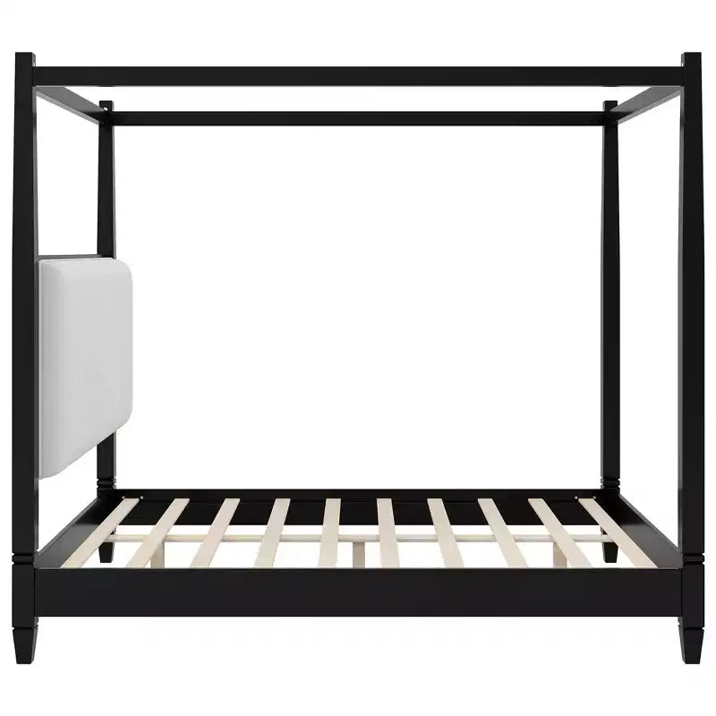Queen/King Size Canopy Platform Bed with Upholstered Headboard, Solid Wood Four Poster Bed Frame with Wooden Slats Support