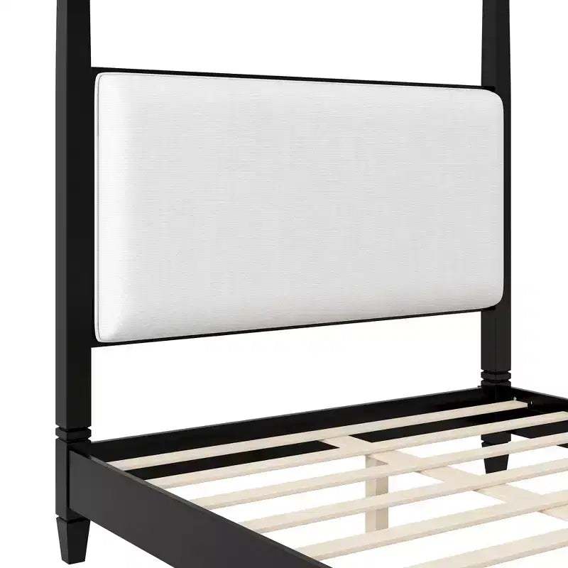 Queen/King Size Canopy Platform Bed with Upholstered Headboard, Solid Wood Four Poster Bed Frame with Wooden Slats Support