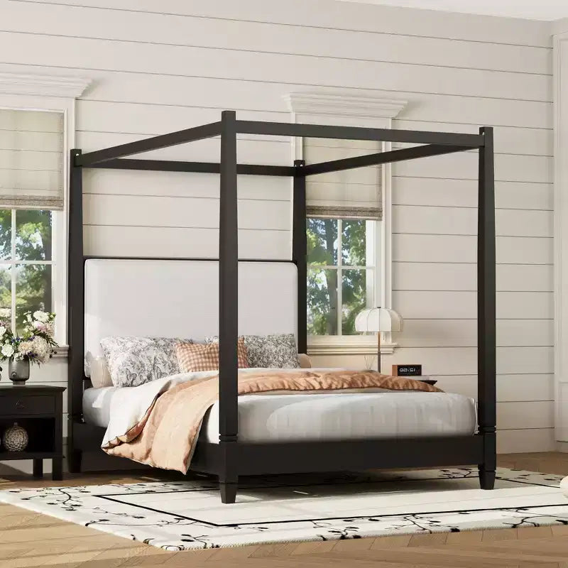 ModernLuxe Queen/King Size Canopy Platform Bed with Upholstered Headboard, Solid Wood Four Poster Bed Frame with Wooden Slats Support
