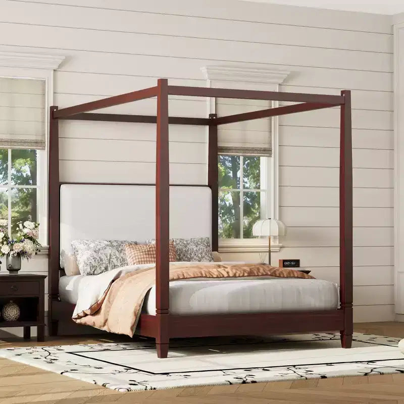 Queen/King Size Canopy Platform Bed with Upholstered Headboard, Solid Wood Four Poster Bed Frame with Wooden Slats Support