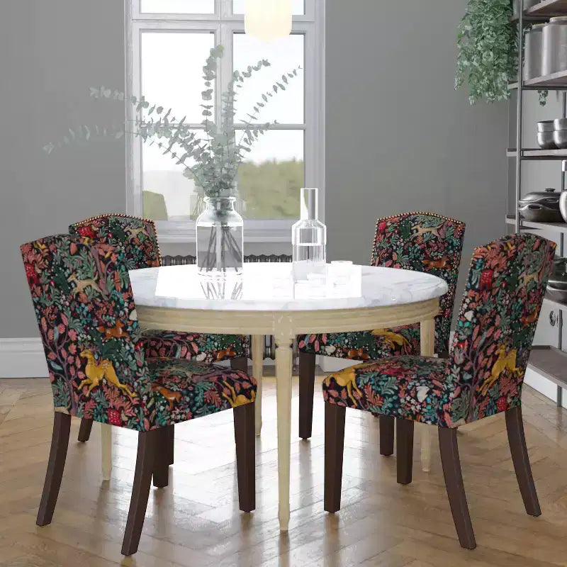 Skyline Furniture Ayala Nail Button Patterned Dining Chair Frolic Navy: Upholstered Linen-Cotton Blend, Camel Back Design, Tapered Wooden Legs