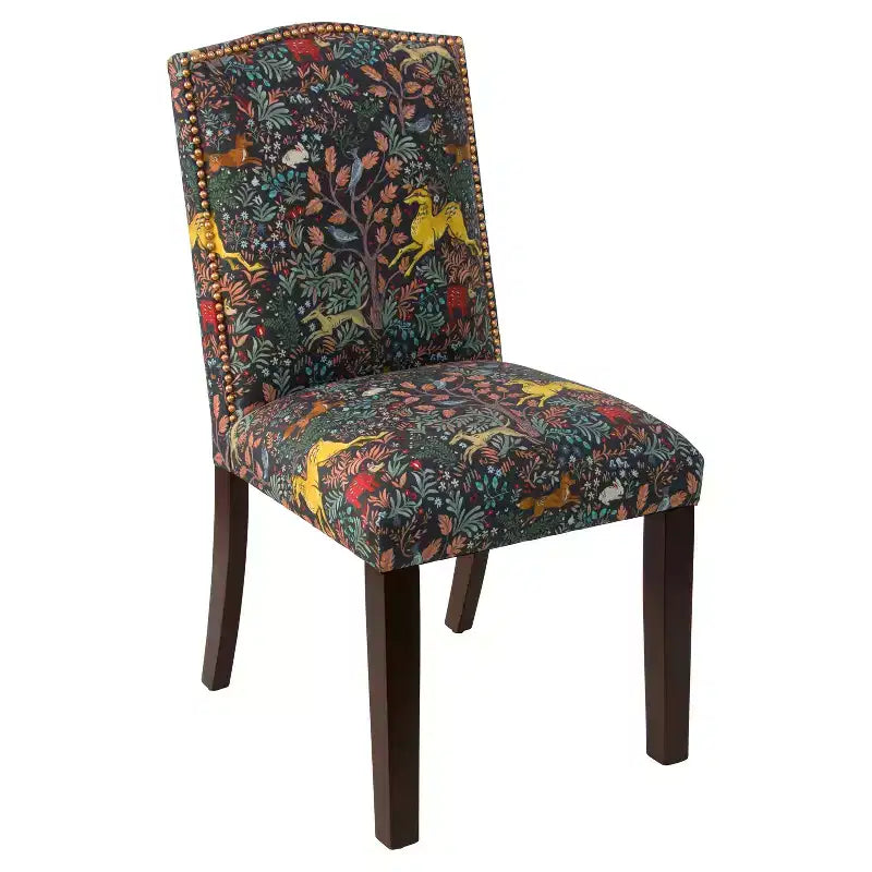 Nail Button Patterned Dining Chair Navy: Upholstered Linen-Cotton Blend, Camel Back Design, Tapered Wooden Legs