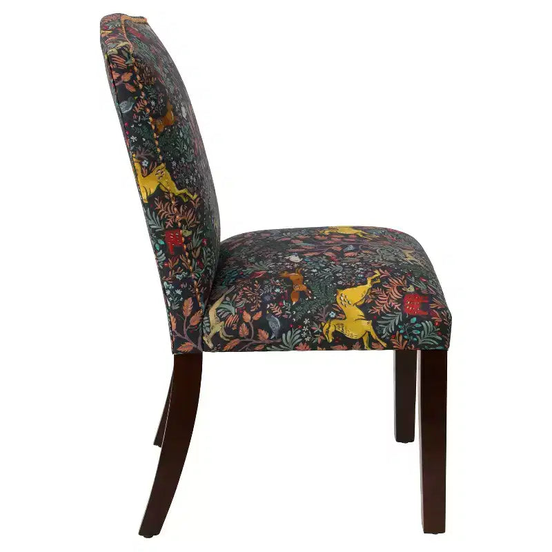 Nail Button Patterned Dining Chair Navy: Upholstered Linen-Cotton Blend, Camel Back Design, Tapered Wooden Legs