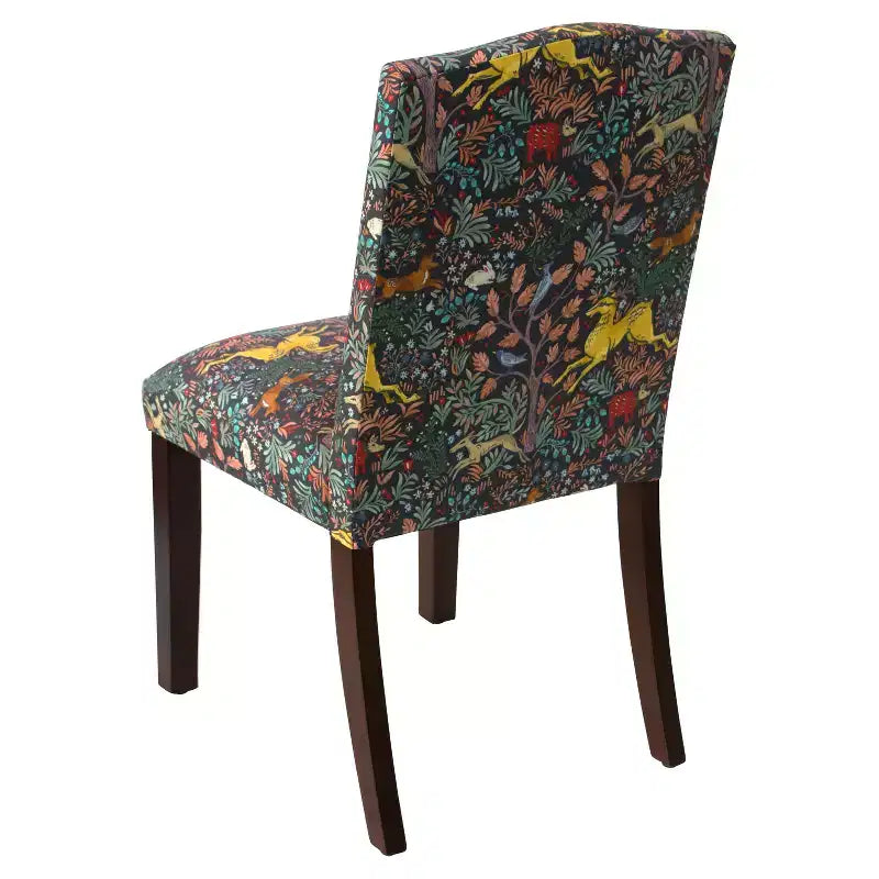 Nail Button Patterned Dining Chair Navy: Upholstered Linen-Cotton Blend, Camel Back Design, Tapered Wooden Legs