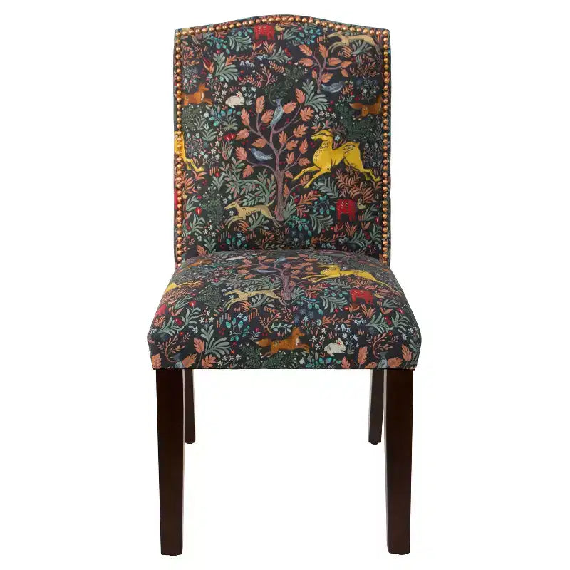 Nail Button Patterned Dining Chair Navy: Upholstered Linen-Cotton Blend, Camel Back Design, Tapered Wooden Legs