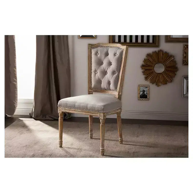 Chic Rustic French Country Cottage Dining Chair: Solid Oak, Linen Detail