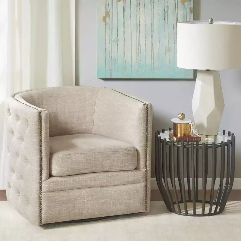 Swivel Chair - Cream: Comfortable Living Room Seating, Tufted Back, No Assembly Required