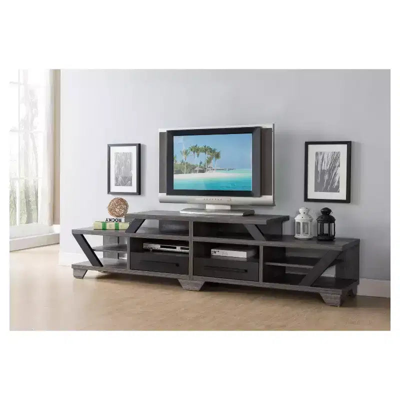 Contemporary TV Stand for TVs up to 80" - Distressed Gray & Black