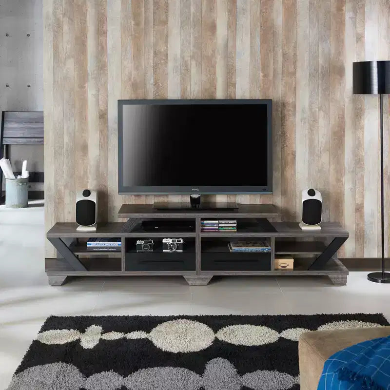 Contemporary TV Stand for TVs up to 80" - Distressed Gray & Black