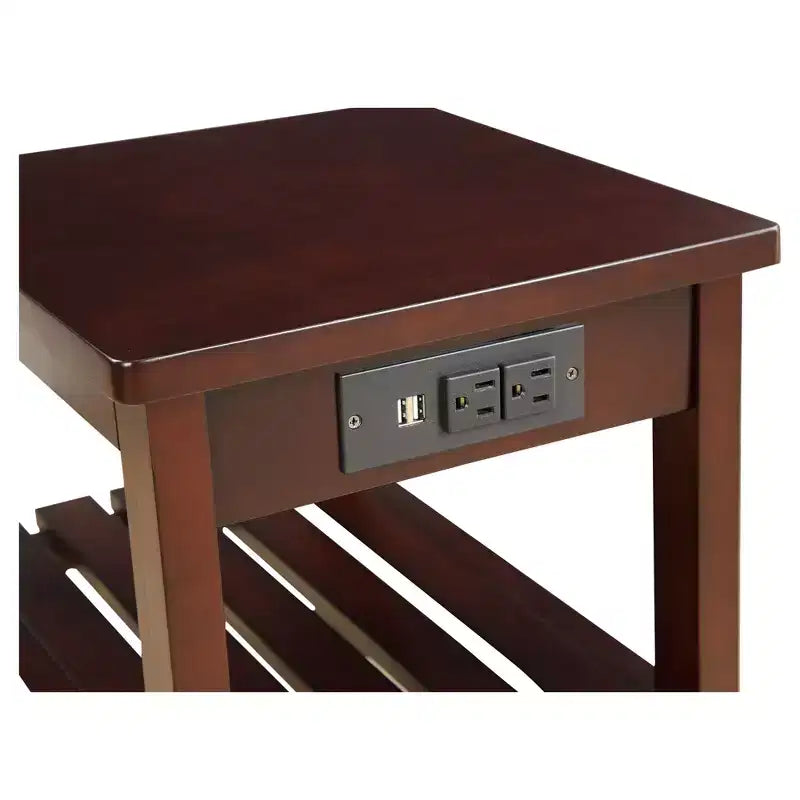 End Table with USB Ports & Shelves - 2-Tier, Plug-In Storage