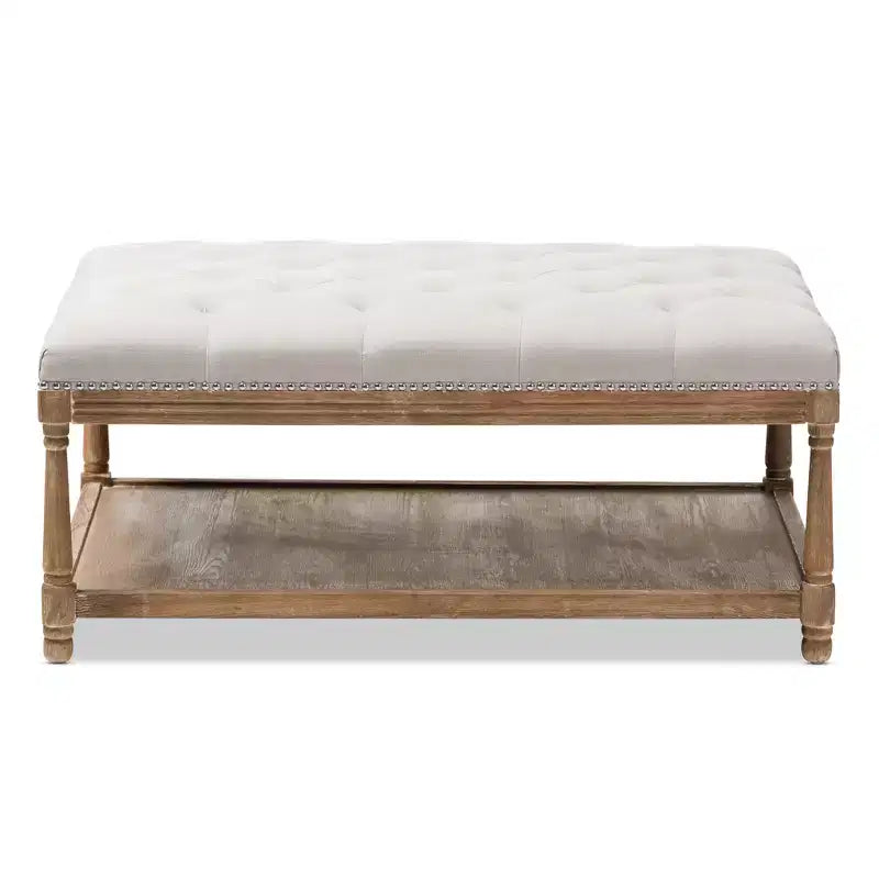 French Country Weathered Oak Linen Rectangular Coffee Table Ottoman - Beige