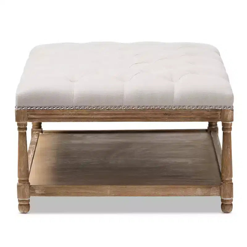 French Country Weathered Oak Linen Rectangular Coffee Table Ottoman - Beige