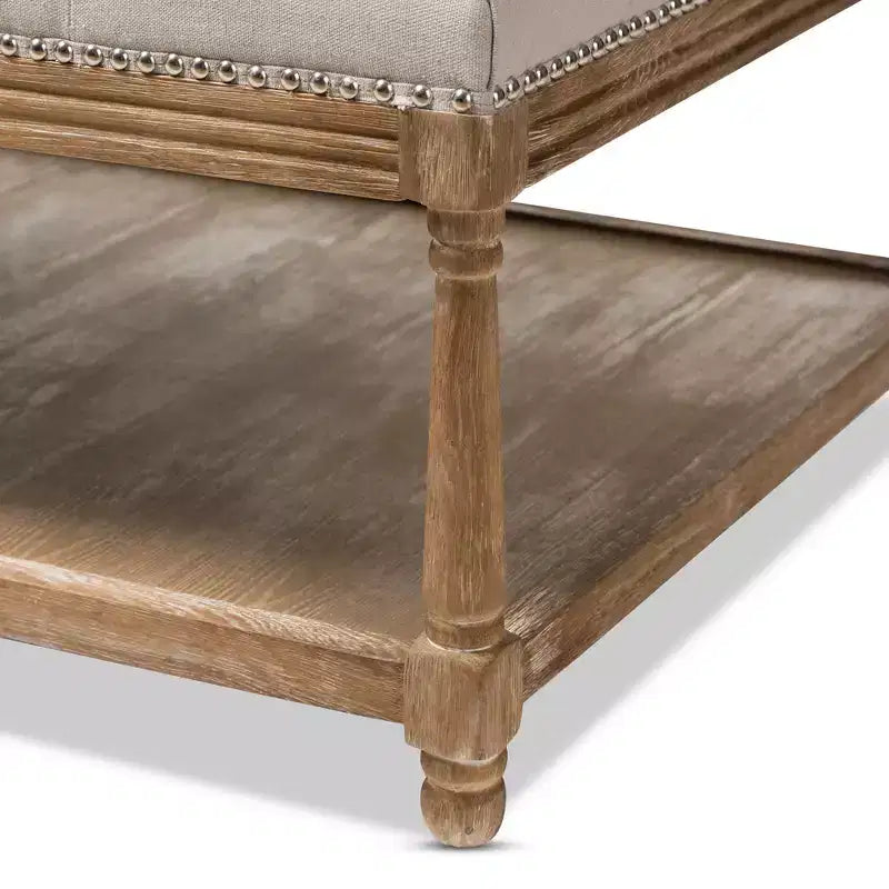 French Country Weathered Oak Linen Rectangular Coffee Table Ottoman - Beige