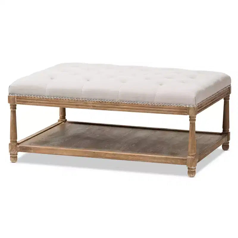 French Country Weathered Oak Linen Rectangular Coffee Table Ottoman - Beige