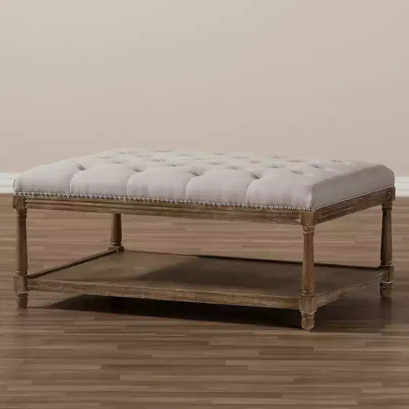 French Country Weathered Oak Linen Rectangular Coffee Table Ottoman - Beige