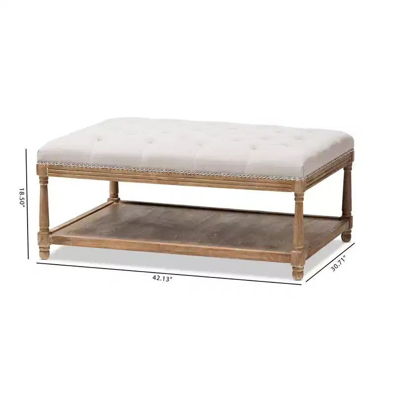 French Country Weathered Oak Linen Rectangular Coffee Table Ottoman - Beige