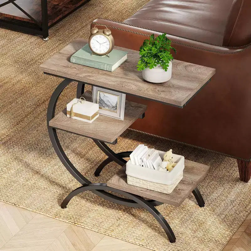 Industrial 3-Tier C-Shaped Accent Table