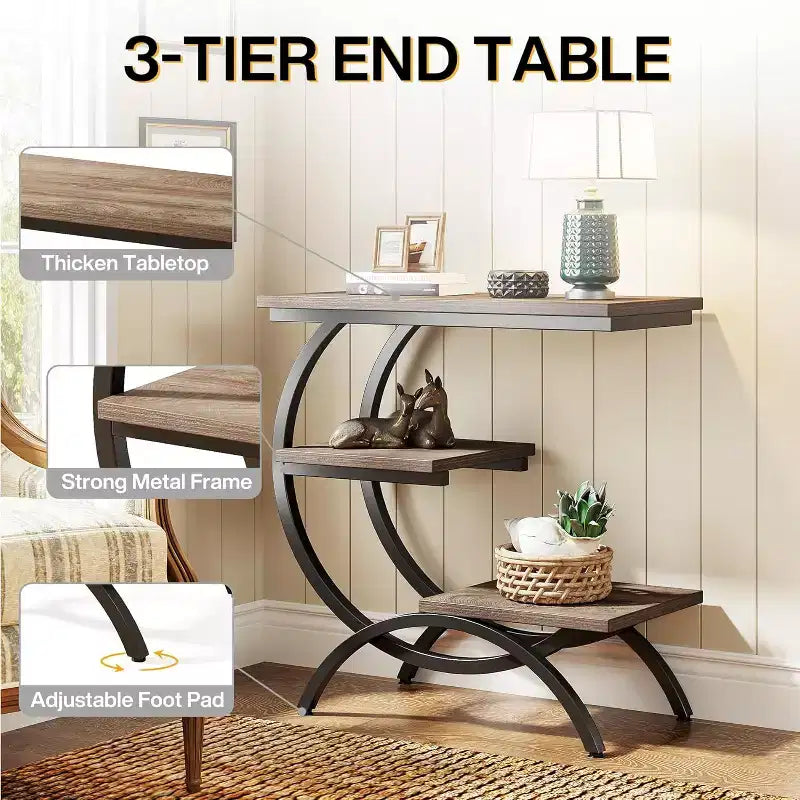 Industrial 3-Tier C-Shaped Accent Table