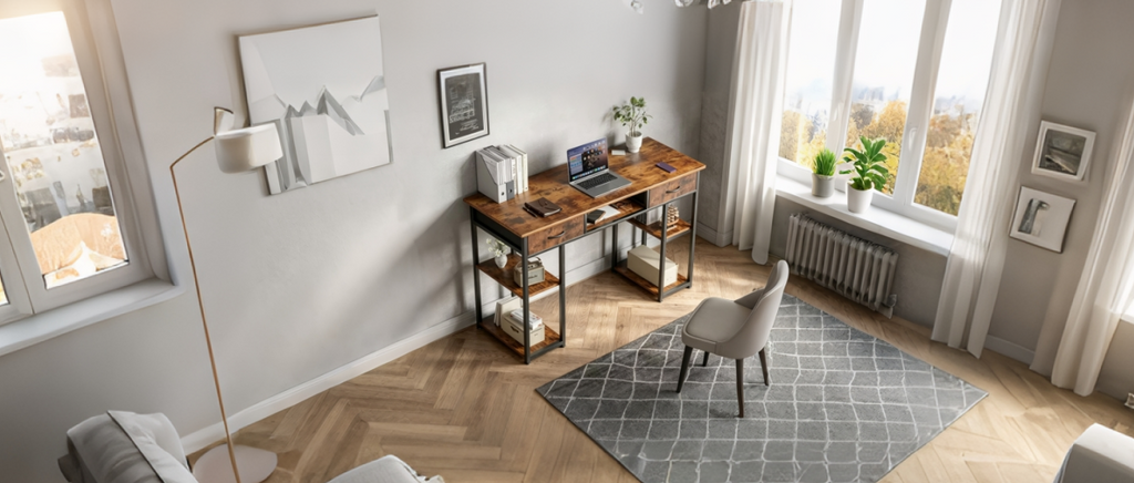 Computer Desk with Fabric Drawers and Storage Shelves, Modern Writing Study Table for Bedroom with Adjustable Feet